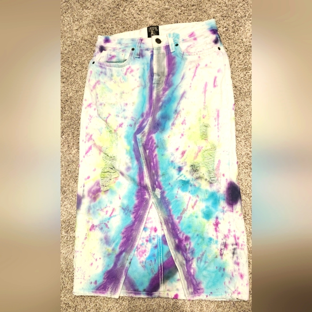 PRPS Denim Midi Tie Dye Front Slit Skirt Size 24 (Can Fit 25/26 XS) Multicolor